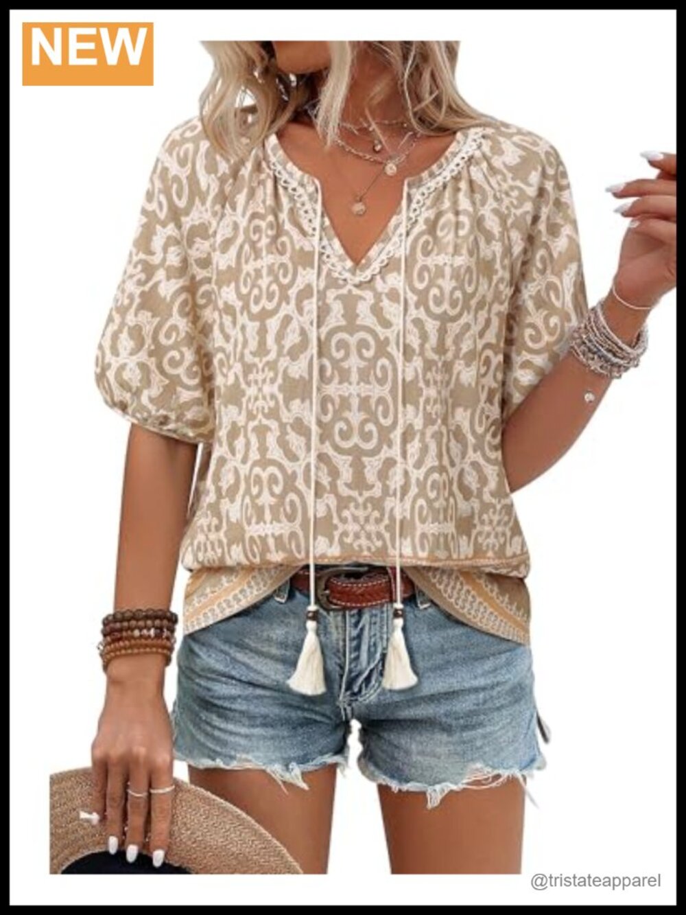 Boho Floral V-Neck Short Sleeve Blouse with Tie Front